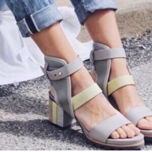 Sorel Two-Tone Heeled Sandals in Gray and Yellow